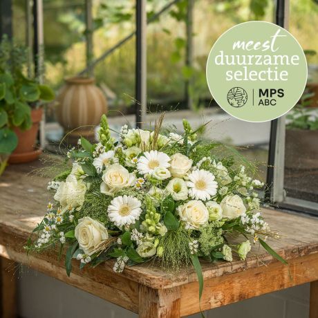 Boeket Groen Gekeurd wit rouwstuk